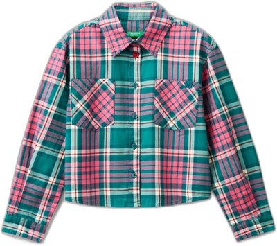 Benetton Kız Çocuk Yeşil Mix Tamamı Kareli Desenli Göğüs Cepli Gömlek
