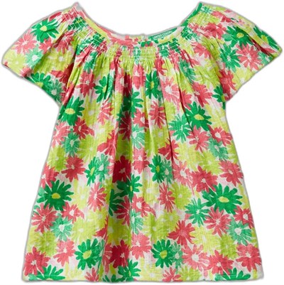 Benetton Kız Çocuk Yeşil- Pembe Tamamı Çiçek Baskılı Arkası Düğmeli Bisiklet Yaka Bluz