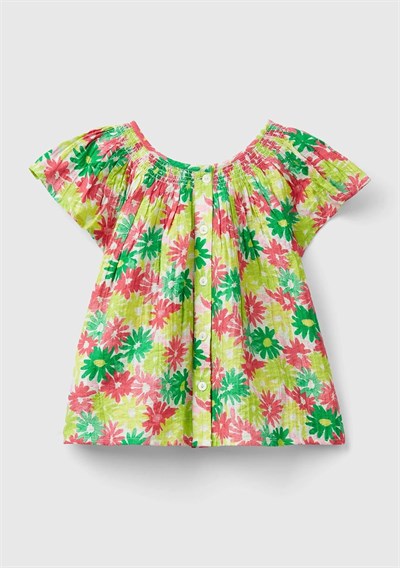 Benetton Kız Çocuk Yeşil- Pembe Tamamı Çiçek Baskılı Arkası Düğmeli Bisiklet Yaka Bluz