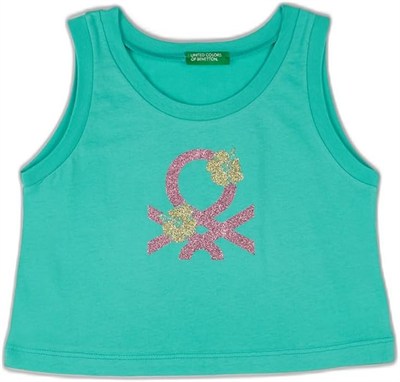 Benetton Kız Çocuk Yeşil Simli Logo Baskılı Atlet, Yeşil, 8-9 Yaş