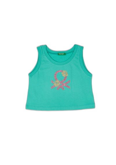 Benetton Kız Çocuk Yeşil Simli Logo Baskılı Atlet, Yeşil, 7-8 Yaş