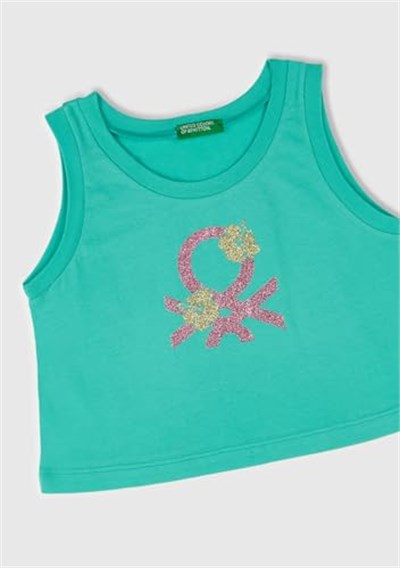 Benetton Kız Çocuk Yeşil Simli Logo Baskılı Atlet, Yeşil, 7-8 Yaş
