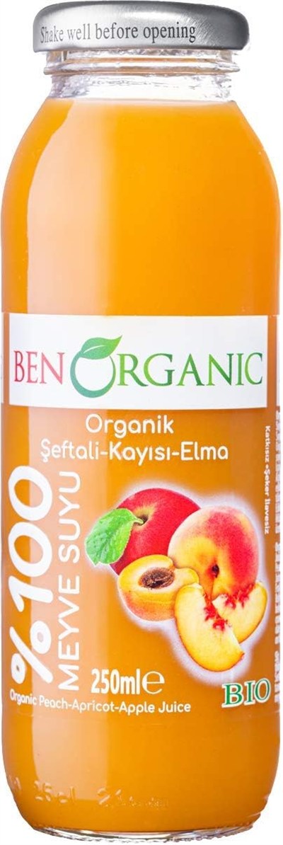 BenOrganic Şeftali Kayısı Elma Suyu 250 ml Cam Şişe