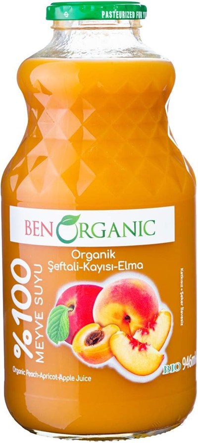 BenOrganic Şeftali Kayısı Elma Suyu 940 ml Cam Şişe