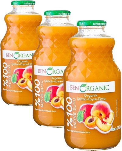 BenOrganic Şeftali Kayısı Elma Suyu 940 ml Cam Şişe