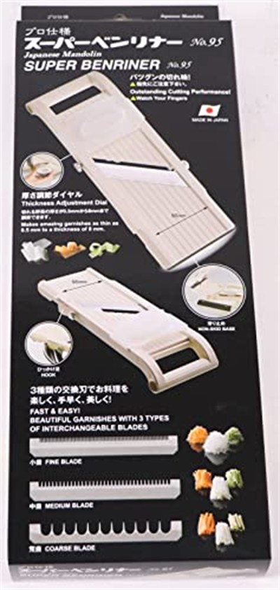 Benriner Pressioneller Japon SUPER Mandolin Sebze Rendesi 95 mm Kesme Genişliği 3 Farklı Değiştirilebilir Bıçak Ağzı Paslanmaz Çelik ve Parmak Koruması Sebze Spagetti