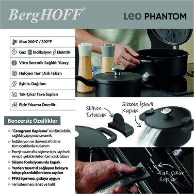 Berghoff Leo Phantom Yapışmaz Kapaklı Tencere 24 Cm