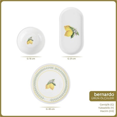 Bernardo Lemon 10 Parça 4 Kişilik Porselen Kahvaltı Takımı - Sunum Seti