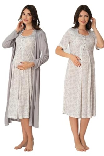 Bestin Kadın Gri Hamile Lohusa Sabahlıklı Gecelik Takım, XL, DS8015EF-89C0018316152
