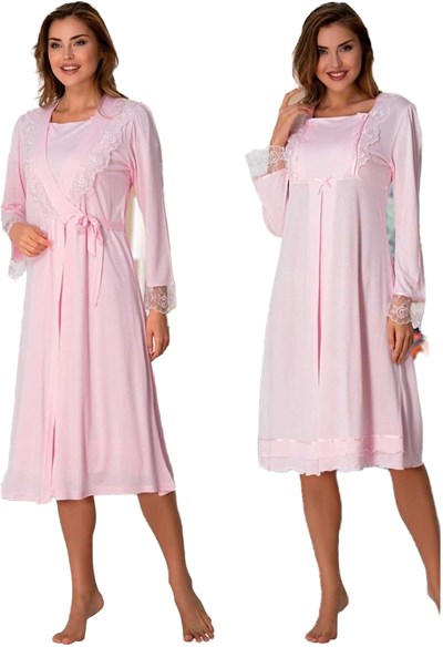 Bestin Kadın Pembe Sabahlıklı Hamile Lohusa Gecelik Takımı, 2XL, DT2055EF-869BST0007641