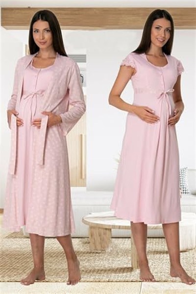 Bestin Kadın Pembe Sabahlıklı Hamile Lohusa Gecelik Takımı, XL, CT6015EF-89C0018314740
