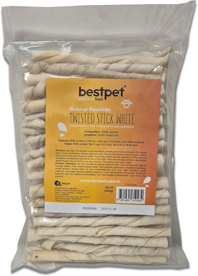 Bestpet Twisted Stick White,%100 Doğal Deri Beyaz Burgu Köpek Ödül Çubuğu 350 gr