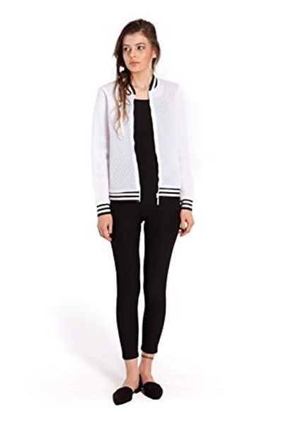 Bexy Amanda - File Detaylı Beyaz Spor Bomber Ceket | 160206-3 (Large)