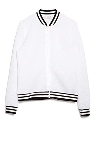 Bexy Amanda - File Detaylı Beyaz Spor Bomber Ceket | 160206-3 (Large)