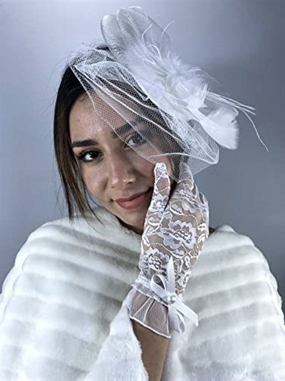 Beyaz Dantelli Fiyonklu Eldiven Ve Beyaz Vualet Nikah Takımı