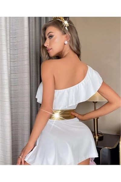 Beyaz Helen Kız Beli Sarı Parlak Kuşaklı Tek Omuz Babydoll -3595