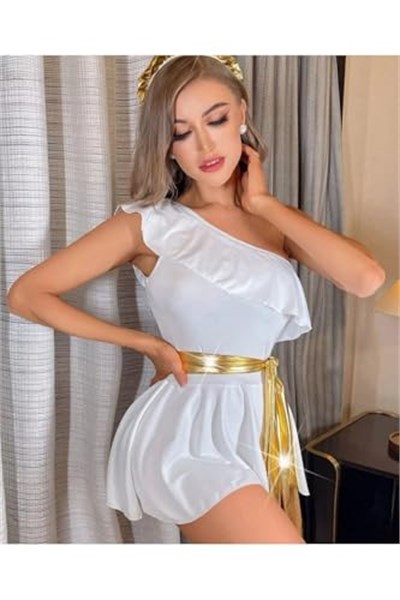Beyaz Helen Kız Beli Sarı Parlak Kuşaklı Tek Omuz Babydoll -3595