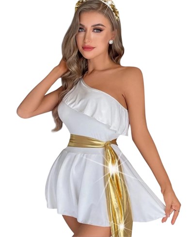 Beyaz Helen Kız Beli Sarı Parlak Kuşaklı Tek Omuz Babydoll -3595