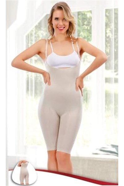 Beyaz Kadın Göğüsü Açık Uzun Paçalı Toparlayıcı Body Vücut Korse