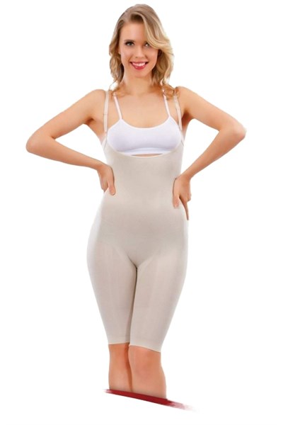 Beyaz Kadın Göğüsü Açık Uzun Paçalı Toparlayıcı Body Vücut Korse