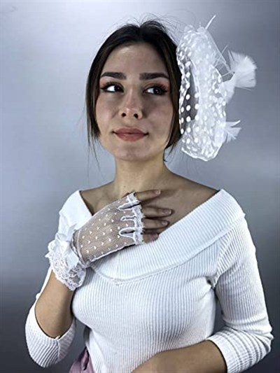 Beyaz Kısa Parmak Gelin Eldiveni Ve Vualet Takımı