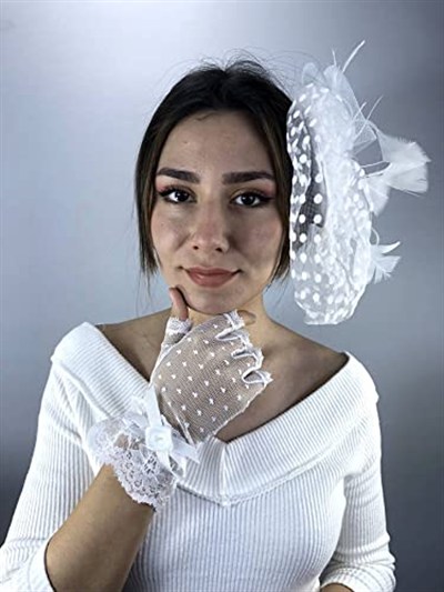 Beyaz Kısa Parmak Gelin Eldiveni Ve Vualet Takımı
