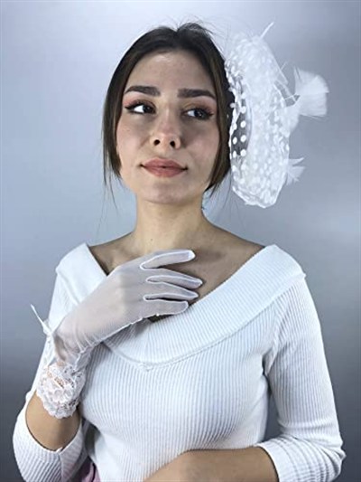 Beyaz Uzun Fiyonk Detaylı Gelin Eldiveni Ve Vualet Takımı