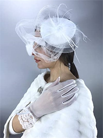 Beyaz Uzun Fiyonklu Eldiven Ve Beyaz Vualet Nikah Takımı