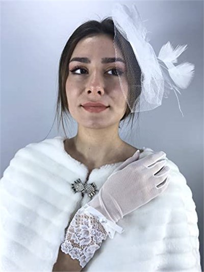 Beyaz Uzun Fiyonklu Eldiven Ve Beyaz Vualet Nikah Takımı