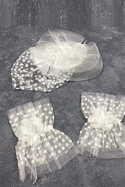 Beyaz Vualet Nikah Şapkası Saç Aksesuarı Ve Puanlı Hera Çift Bilek Aksesuarı