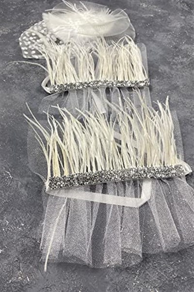 Beyaz Vualet Nikah Şapkası Saç Aksesuarı Ve Seren Tüylü Çift Bilek Aksesuarı