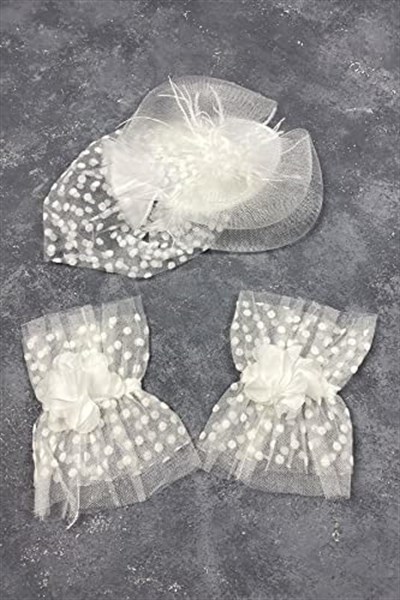Beyaz Vualet Nikah Şapkası Saç Aksesuarı Ve Puanlı Hera Çift Bilek Aksesuarı