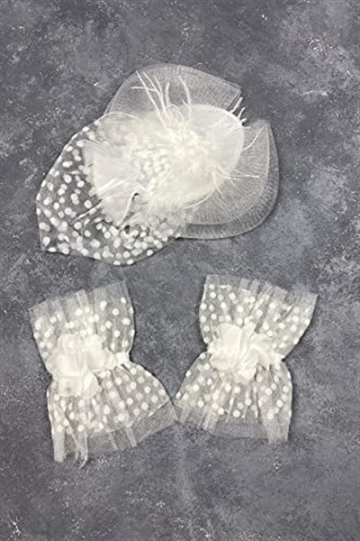 Beyaz Vualet Nikah Şapkası Saç Aksesuarı Ve Puanlı Hera Çift Bilek Aksesuarı
