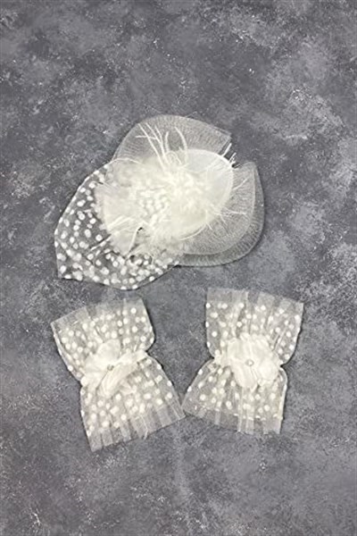 Beyaz Vualet Nikah Şapkası Saç Aksesuarı Ve Puanlı Taşlı Hera Çift Bilek Aksesuarı