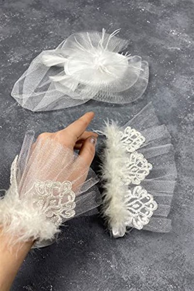 Beyaz Vualet Nikah Şapkası Saç Aksesuarı Ve Lavinia Çift Bilek Aksesuarı