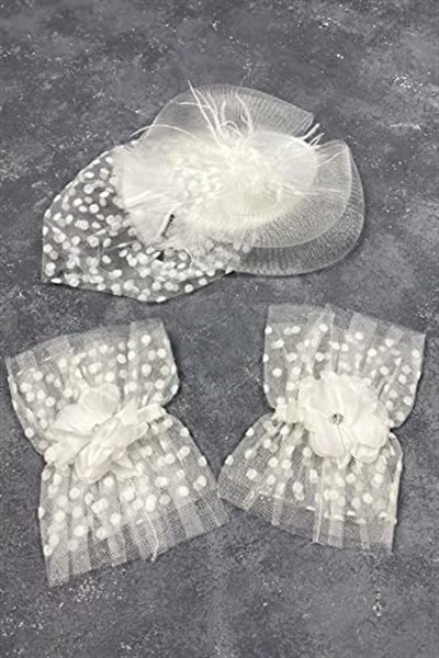 Beyaz Vualet Nikah Şapkası Saç Aksesuarı Ve Puanlı Taşlı Hera Çift Bilek Aksesuarı