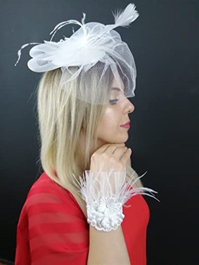 Beyaz Vualet Nikah Şapkası ve Beyaz Bileklik NKH-1007