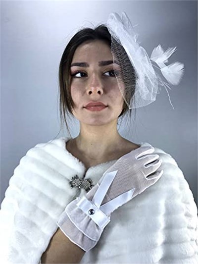 Beyaz Vualet Ve Beyaz Büyük Fiyonklu Eldiven Nikah Takımı