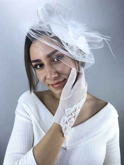 Beyaz Vualet Ve Beyaz Dantel Detaylı Eldiven Nikah Takımı