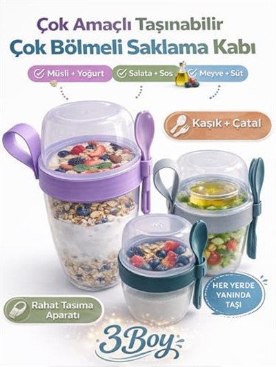 Beylini 3 lü Set Taşınabilir Kaşık+Çatal Kapaklı Yoğurt Müsli Granola Yemek Diyet Saklama Kabı Take and Go Bardak Kahvaltı Salata Hazırla Çık