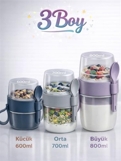 Beylini 3 lü Set Taşınabilir Kaşık+Çatal Kapaklı Yoğurt Müsli Granola Yemek Diyet Saklama Kabı Take and Go Bardak Kahvaltı Salata Hazırla Çık
