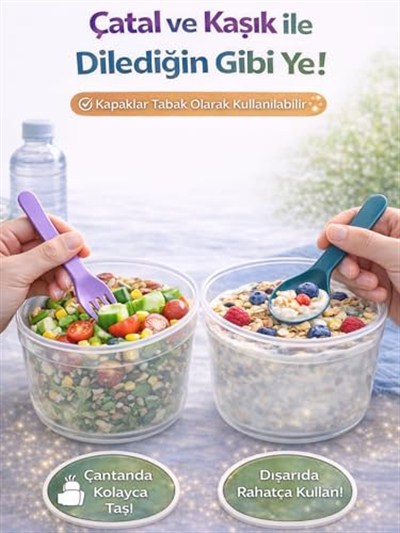 Beylini 3 lü Set Taşınabilir Kaşık+Çatal Kapaklı Yoğurt Müsli Granola Yemek Diyet Saklama Kabı Take and Go Bardak Kahvaltı Salata Hazırla Çık