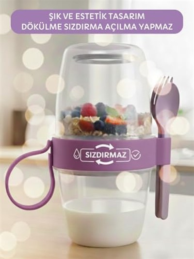 Beylini 3 lü Set Taşınabilir Kaşık+Çatal Kapaklı Yoğurt Müsli Granola Yemek Diyet Saklama Kabı Take and Go Bardak Kahvaltı Salata Hazırla Çık