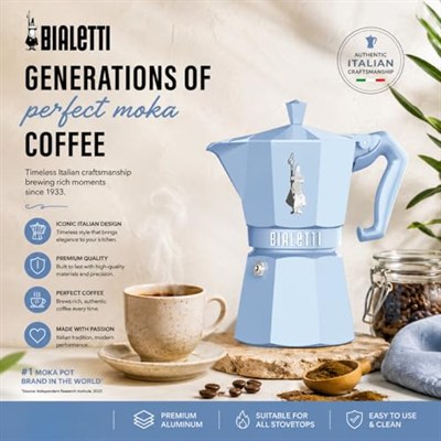 Bialetti - Moka Exclusive: 3 Cups Ocak Üstü Espresso Pişirici - 130ml - Mavi Renk - Alüminyum Gövde - Patentli Güvenlik Valfi - Tüm Ocak Türleri İçin Uygundur (İndüksiyon Hariç)