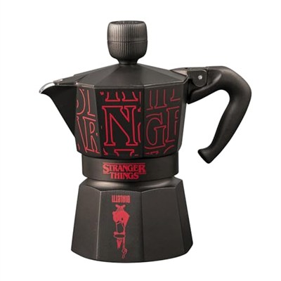 Bialetti - Moka Express Stranger Things: 3 Cups Ocak Üstü Espresso Pişirici, Müzikli, 130ml, Siyah, Patentli Güvenlik Valfi