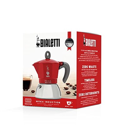 Bialetti - Moka İndüksiyon Kırmızı: 4 Cups Ocak Üstü Espresso Pişirici - 150ml - Alt Hazne: Dış Paslanmaz Çelik İç Alüminyum - Patentli Güvenlik Valfi - İndüksiyon Ocak Türleri İçin Uygundur