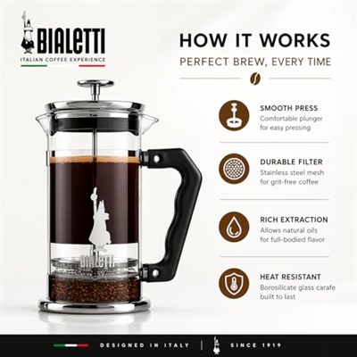 Bialetti - Preziosa French Press: Yaklaşık 1L kapasiteli kahve hazırlayıcı - 18/10 Paslanmaz Çelik Gövde - Bulaşık Makinesinde Yıkanabilen Borosilikat Cam Sürahi - Paslanmaz Çelik Filtre Sistemi
