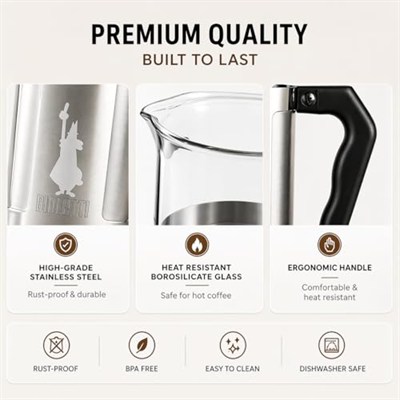 Bialetti - Preziosa French Press: Yaklaşık 1L kapasiteli kahve hazırlayıcı - 18/10 Paslanmaz Çelik Gövde - Bulaşık Makinesinde Yıkanabilen Borosilikat Cam Sürahi - Paslanmaz Çelik Filtre Sistemi