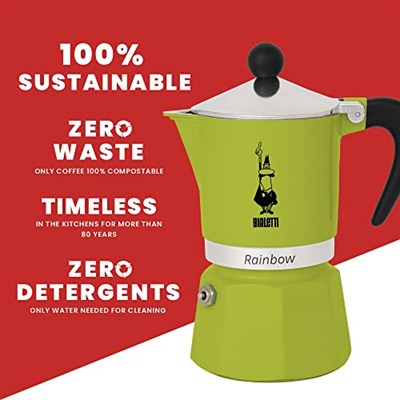 Bialetti - Rainbow: 3 Cups Ocak Üstü Espresso Pişirici - 130ml - Yeşil Renk - Alüminyum Gövde - Patentli Güvenlik Valfi - Tüm Ocak Türleri İçin Uygundur (İndüksiyon Hariç)