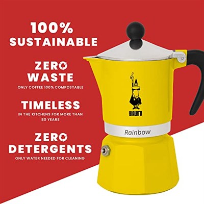 Bialetti - Rainbow: 3 Cups Ocak Üstü Espresso Pişirici - 130ml - Sarı Renk - Alüminyum Gövde - Patentli Güvenlik Valfi - Tüm Ocak Türleri İçin Uygundur (İndüksiyon Hariç)
